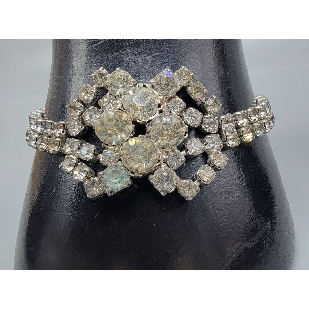 Diamante Cluster Tennis Bracelet Pot Metal Prong Setting Vintage Silver Tone 6.5